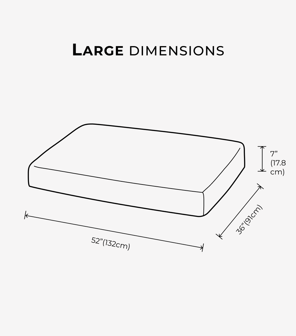 Rectangular dog bed (size L) with raised bolster; dimensions diagram shown